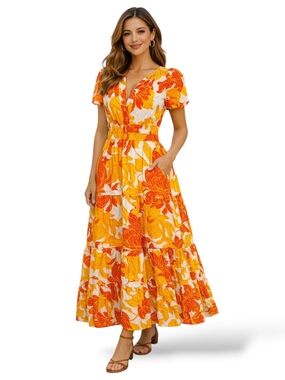 Cynthia Rowley Floral Tiered Maxi Dress Smocked Waist Cotton S